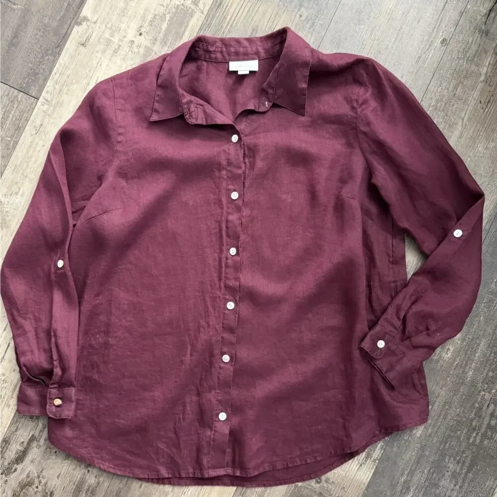 J.Jill Linen Stretch Burgundy 2 Piece Set Button Shirt & Cropped Pants M Petite